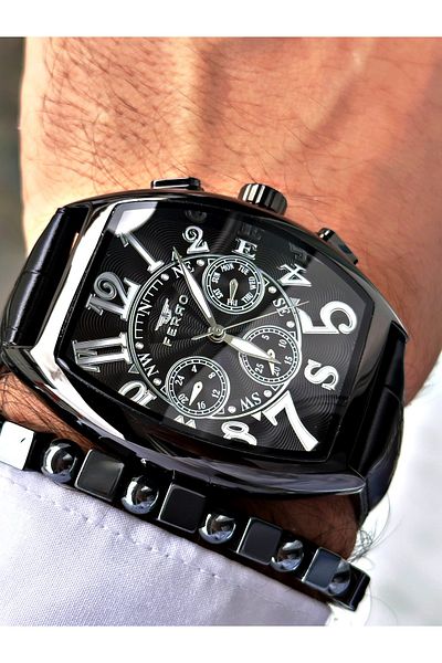FERRO Black Color Bombe Glass Leather Cord Square Large Case Men Wrist Watch+Bracelet
