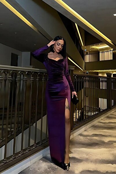 Mossta Sweetheart Neckline Smocked Fish Model Velvet Long Evening Dress Purple