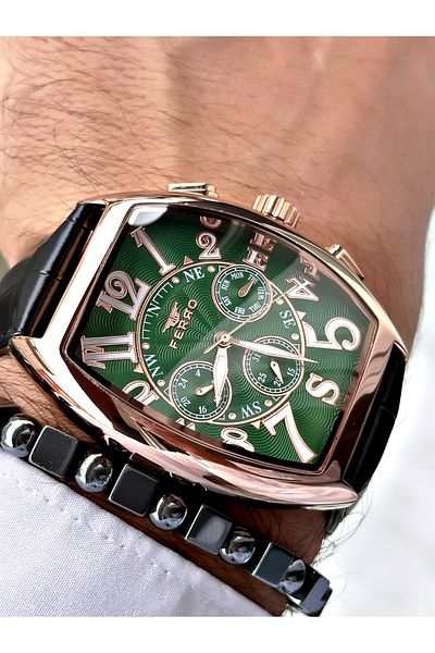 FERRO Black Color Bombe Glass Leather Cord Square Large Case Men Wrist Watch+Bracelet