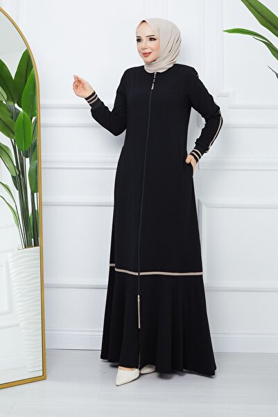 MODA ESRE FASHION ملابس الحجاب حرير المدينة المنورة أسود كريمي اللون مخطط كم مضلع