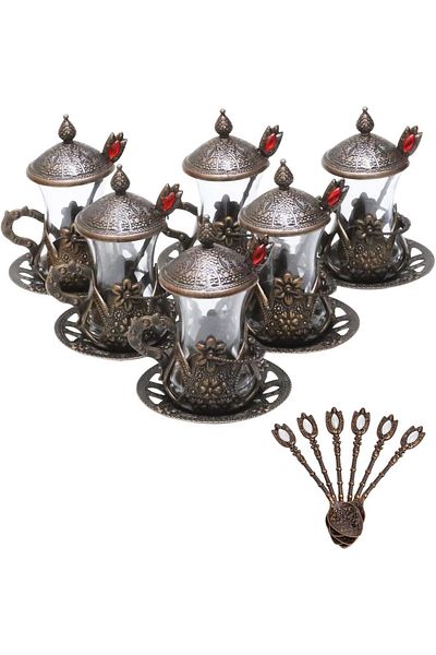 KT HOME 6-Piece Copper Tea Cup Set with Ottoman Motifs - Tea Presentation Set with Spoon