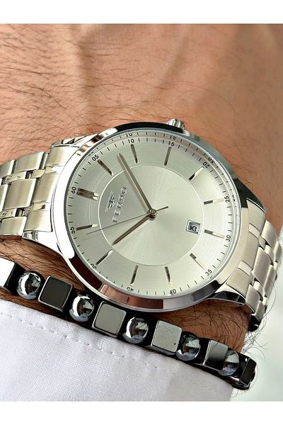 FERRO Silver Color Classic Model Steel Band Men's Wrist Watch + Bracelet