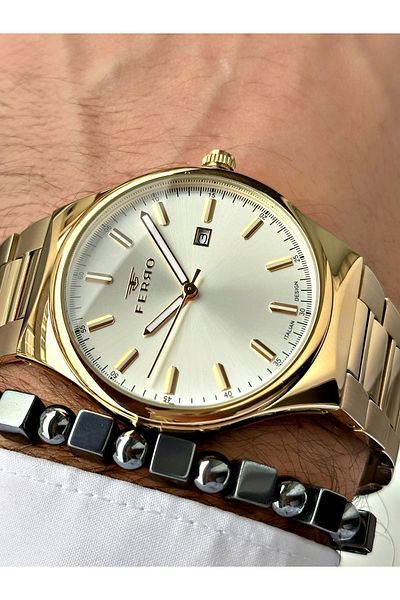 FERRO Gold Color Classic Model Steel Band Men's Wrist Watch + Bracelet