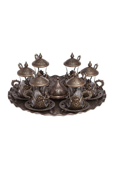 KT HOME 6-Piece Copper Tea Cup Set with Ottoman Motifs - Tea Presentation Set with Spoon