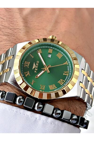 FERRO Gold Silver Color Roman Numeral Classic Men's Wrist Watch + Bracelet with Gift