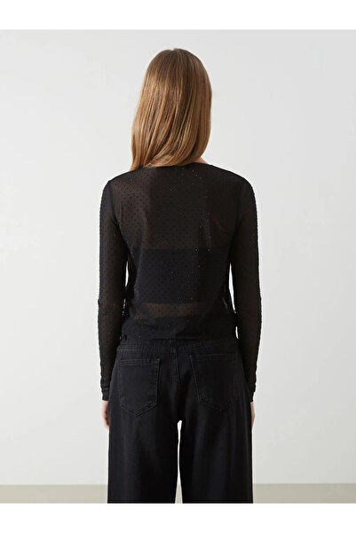 LC Waikiki LCW Vision Siyah Bisiklet Yaka Taşlı Kadın Bluz