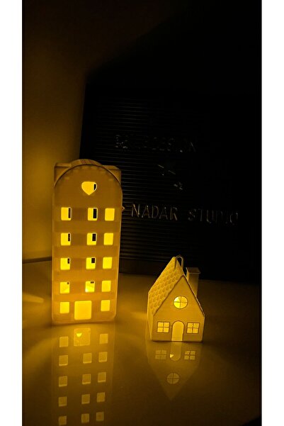 NadarStudio Kış Evi Tealight Mumluk  2 Parça Ev / 2 Adet Tealight Hediyeli