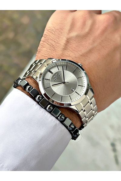 FERRO Silver Color Classic Model Steel Band Men's Wrist Watch + Bracelet