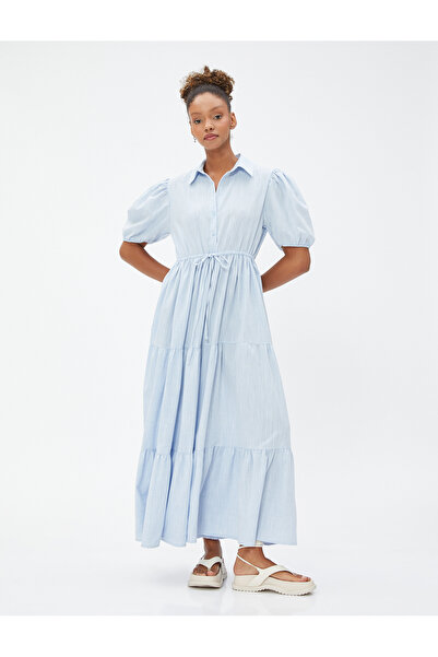 Koton Φόρεμα μακρύ πουκάμισο με μπαλόνι μανίκια με κουμπιά στη μέση δεμένο