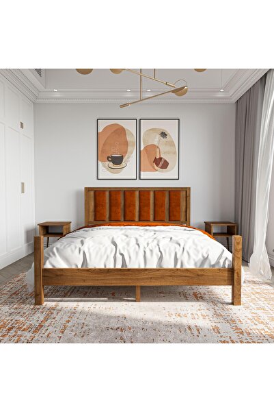 renazzo mobilya ORİON KİREMİT PUFLU MASİF ÇAM AHŞAP KARYOLA CEVİZ RENK (90X200)