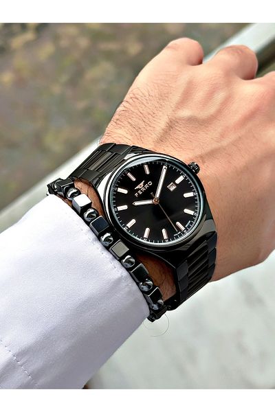 FERRO Black Color Classic Model Steel Band Men's Wrist Watch + Bracelet