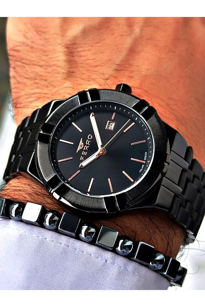 FERRO Black Color Classic Stylish Design Men's Wrist Watch + Bracelet