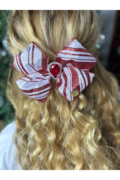 QUEEN AKSESUAR Panglică franceză - Cataramă de Anul Nou cu dungi roșii și albe, fundă mare cu sclipici și piatră de cristal