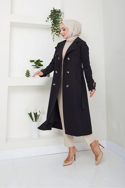 Nevayla Moda Βαμβακερό ύφασμα Bondit Trench Coat / M0105 - Μαύρο