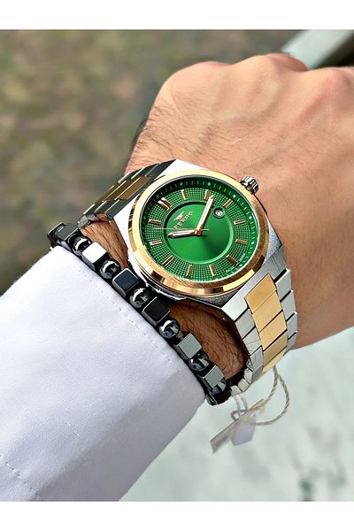 FERRO Gold Silver Color Classic Steel Band Men's Wrist Watch + Bracelet