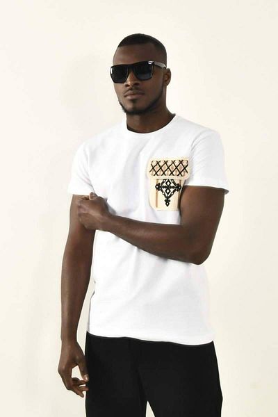 DAVID&GERENZO Λευκό πλεκτό μπλουζάκι Crew Neck - Λεπτομέρεια τσέπης