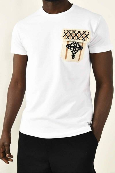 DAVID&GERENZO Λευκό πλεκτό μπλουζάκι Crew Neck - Λεπτομέρεια τσέπης