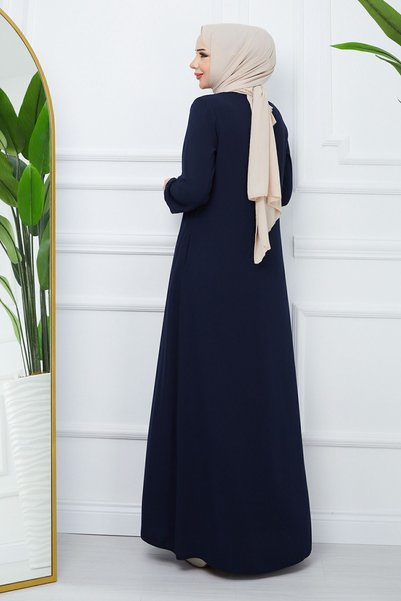 MODA ESRE FASHION Hijab Clothing Crepe Fabric Ferace Collar Lace-up Navy Blue