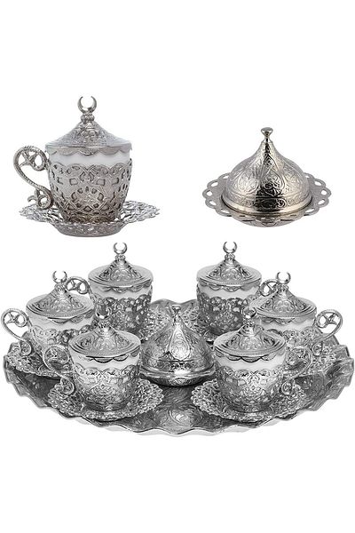 KT HOME Arab Coffee Cup Turkish Coffee Poppy Set of 6 Porcelain Presentation Set (Silver)