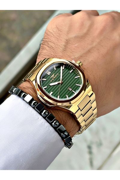 FERRO Gold Color Square Stylish Model Classic Men's Wrist Watch + Bracelet