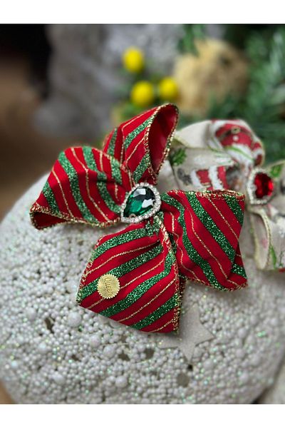 QUEEN AKSESUAR Custom Design - Red Green Velvet Automatic Bow with French Ribbon, Large Silvery and Crystal Stones