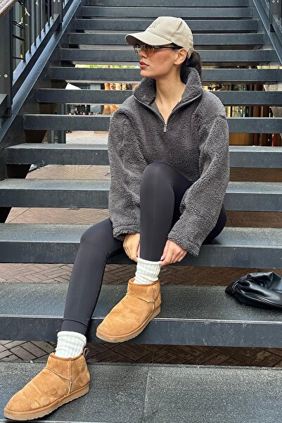 Madmext Women's Sheepskin Sweatshirt with Smoked Zipper Collar Mg2261