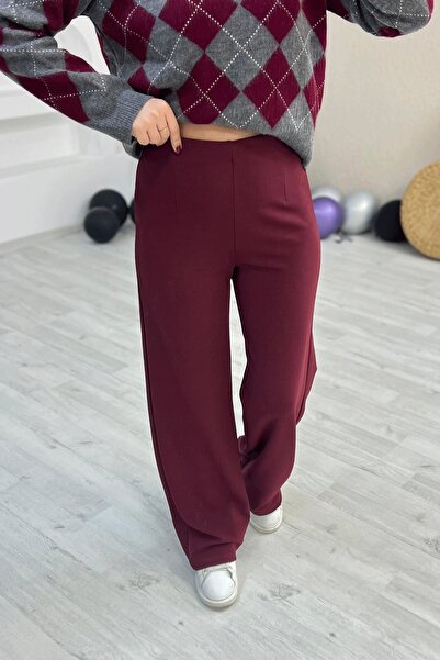 İrka Moda İthal Krep Kumaş Bol Paça Pantolon Kırmızı