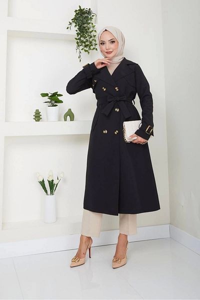 Nevayla Moda Βαμβακερό ύφασμα Bondit Trench Coat / M0105 - Μαύρο