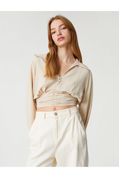 Koton Kurze Bluse mit Ballonärmeln, elastisches Hemd mit Knopfleiste