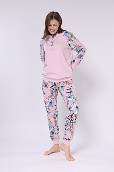 Mio Vero Flower Printed - Buttoned Buttoned Collar - Long Sleeve - Women's Pjamas Suit