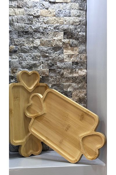 ARİN MODA Arin Homtes Den Bamboo Multi-Purpose Presentation Plate Double Heart 2 Pieces