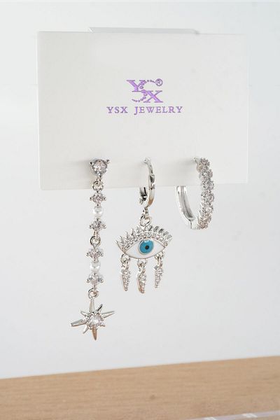 By Zeyna Aksesuar Women's Vip Series Antiallergic Baguette Zircon Stone 3-Piece Earrings