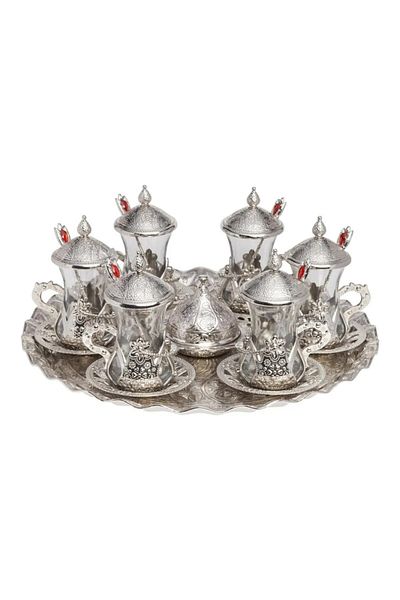 KT HOME Tea Set Ottoman Motif Tea Presentation Set with Spoon Turkish Tea Cup Set Traditional Turkish Motifs 6 Pieces