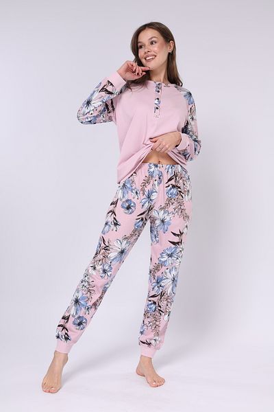 Mio Vero Flower Printed - Buttoned Buttoned Collar - Long Sleeve - Women's Pjamas Suit