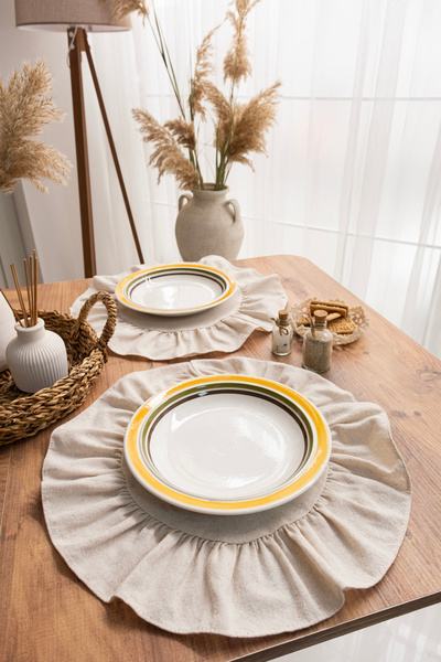 abidehanım دائري من الكتان الفاخر - 2 كشكش، 40x40 سم خدمة أمريكية