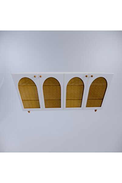 lazzir handle MDF Bohem Konsol-(Mdf 4 Kapaklı Hazeranlı)-(Beyaz)-(180 Cm Genişlik)-(Konik Ayaklı)