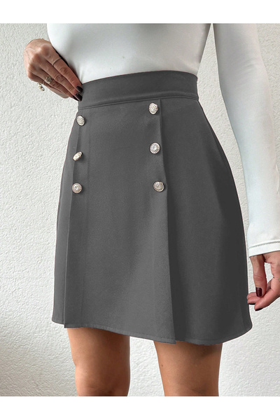Smart Moda Button Detailed Pleated Women's Gray Mini Skirt Et1137