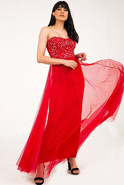 Qlees Kalp Yaka Taş İşlemeli Tül Etekli Straplez Uzun Mezuniyet Söz Nişan Düğün Abiye Elbise