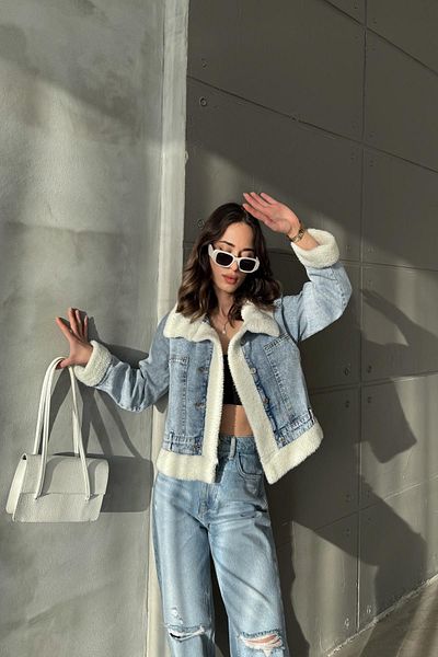 DAMGA JEANS Jachetă de iarnă oversize de damă, cu model de pluș, din denim albastru, cu buzunare
