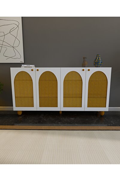 lazzir handle MDF Bohem Konsol-(Mdf 4 Kapaklı Hazeranlı)-(Beyaz)-(180 Cm Genişlik)-(Top Ayaklı)