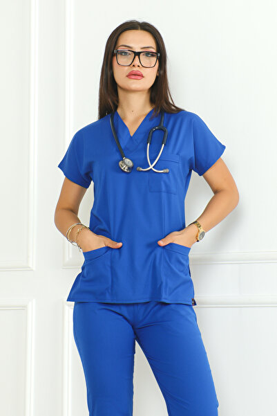 Scrubs Saks Mavi Likralı Doktor/ Hemşire Forması Alt Üst Takım Cerrahi Forma(UNİSEKS)