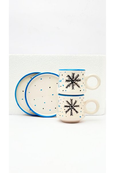 Gezdikçe Bilelim Set of 2 Snowflake Patterned Handmade Ceramic Coffee Cups, Turkish Coffee Cup Set, Hand Made