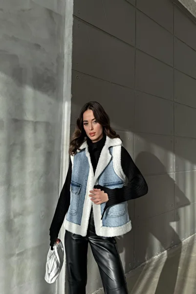 DAMGA JEANS Жіночий плюшевий довгий хутряний зимовий безрукавний синій джинсовий жилет