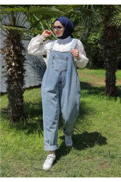 Qeysa Kadın Mavi Jeans Likralı Tulum Salopet Hamile Tulum, Spor Tulum