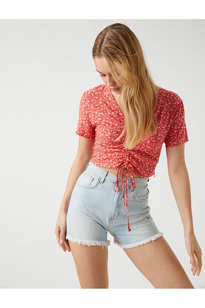 Koton Floral Crop Blouse V-Neck Tie Detail