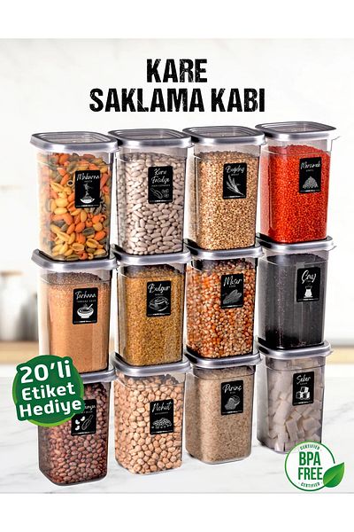 safestore 12 قطعة 24 قطعة 1.2 لتر مربع مجموعة حاوية تخزين البقوليات مع 20 قطعة ملصق هدية