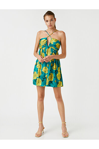 Koton Virágos mini ruha kötőfék nyakú