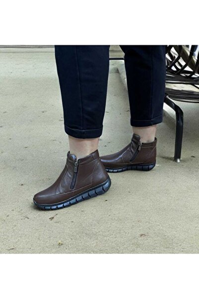 BUSENİNSHOES Hakiki Deri Çift Fermuarlı Kadın Anne Botu Rahat Ayakkabı