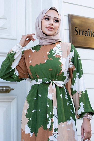 Herita Yaprak Desenli Abaya Elbise
