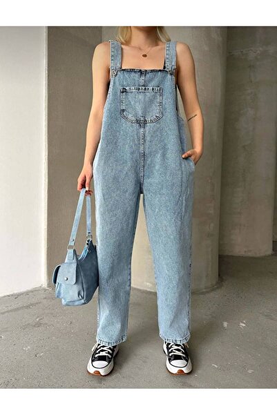 Qeysa Kadın Mavi Jeans Likralı Tulum Salopet Hamile Tulum, Spor Tulum